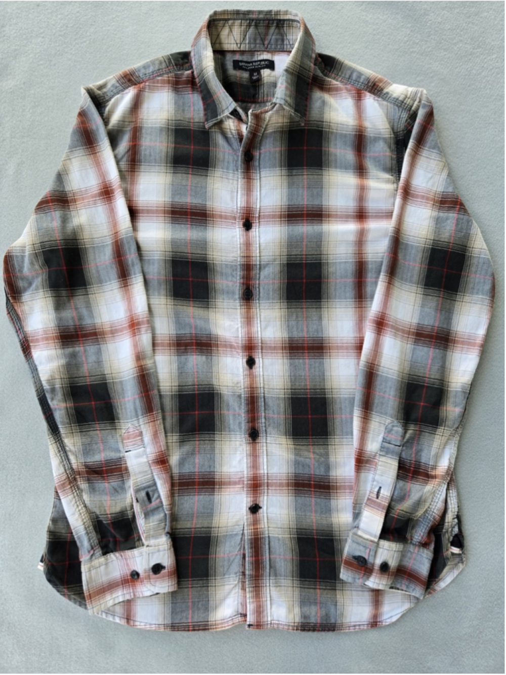 Banana Republic Tailored Slim Fit Flannel Shirt M Plaid Cotton Rust Gray Black
